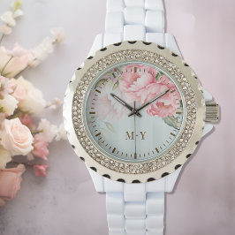 Personlig Blush Peony Blomma Monogram Kvinnor Armbandsur