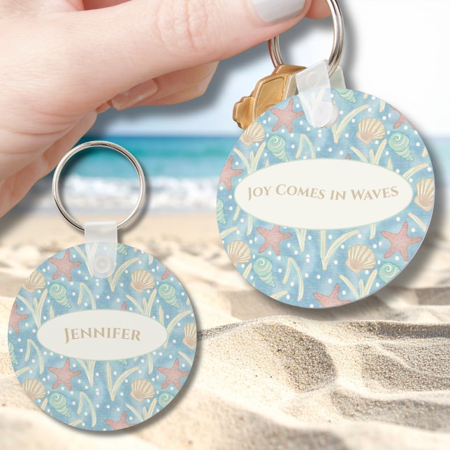 Personlig Boho Beach Nyckelring – Sjöstjärna Skal (Personalized Boho Beach Joy Comes in Waves Keychain – Starfish & Shells Coastal Design)