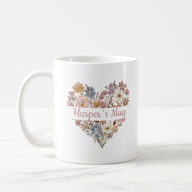 Personlig Boho Blommig Hjärtamugg Kaffemugg (Vänster)
