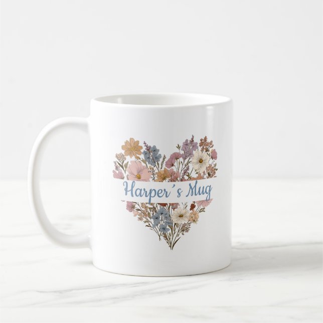 Personlig Boho Blommig Hjärtamugg Kaffemugg (Vänster)