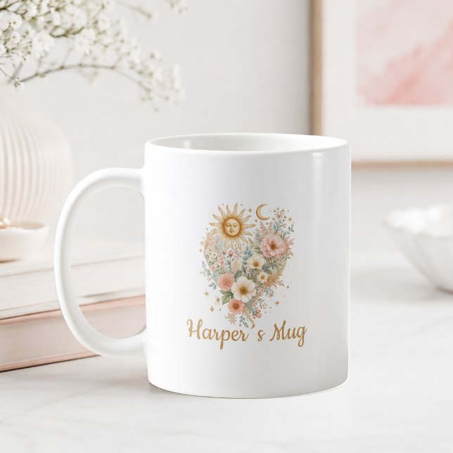 Personlig Boho Blommig Hjärtformad Sol Måne Mugg (Personalized Boho Floral Heart Sun Moon Stars Script Font Mug)