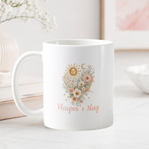 Personlig Boho Blommig Hjärtformad Sol Måne Mugg