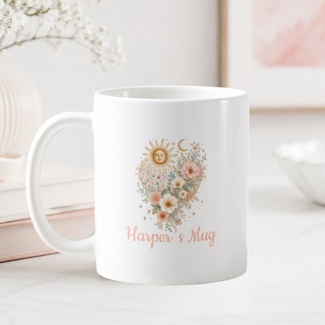 Personlig Boho Blommig Hjärtformad Sol Måne Mugg (Personalized Boho Floral Heart Sun Moon Stars Script Font Mug)