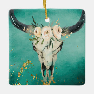 Personlig Boho Cow Skull, blommor på turkos Julgransprydnad Keramik