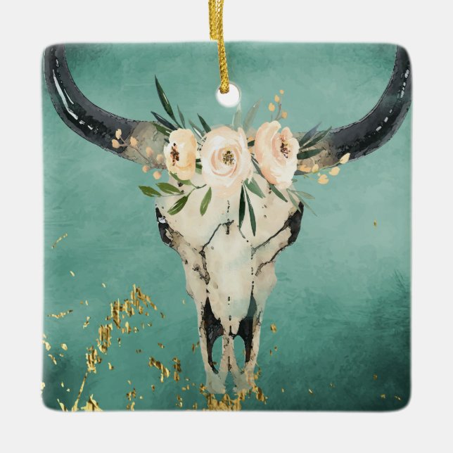 Personlig Boho Cow Skull, blommor på turkos Julgransprydnad Keramik (Framsida)