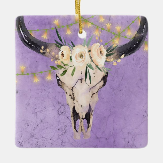 Personlig Boho Cow Skull och Ljus Jul Julgransprydnad Keramik (Framsida)