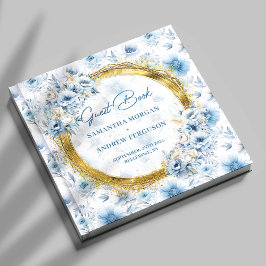 Personlig Boho Dusty Blue Guld Glitter Bröllop Gästböcker