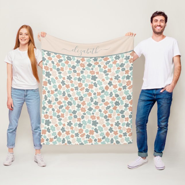 Personlig Boho Grön Persika Rosa Blommig  Fleecefilt (På plats)