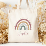 Personlig Boho Muted Earth Tones Tygkasse<br><div class="desc">Den här väskan har en boho-regnbåge i muterade jordtoner av grönt,  grått,  guld och mörk ro. Anpassa det med namn i handskript för mörk ro.</div>
