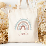 Personlig Boho Muted Pastel Earth Tones Tygkasse<br><div class="desc">Den här säcken har en boho-regnbåge i muterade pastelljordtoner av havs-grönt,  tan,  grått och terracotta. Anpassa det med namn i terracotta handskript.</div>