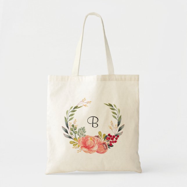 Personlig boho orange och rosa blommig tygkasse (Framsidan)