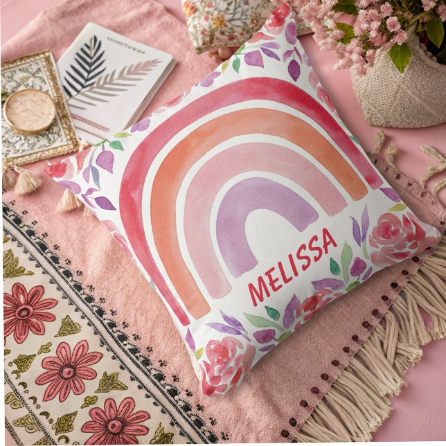 personlig Boho Rainbow med blommor Kudde (Skapare uppladdad)