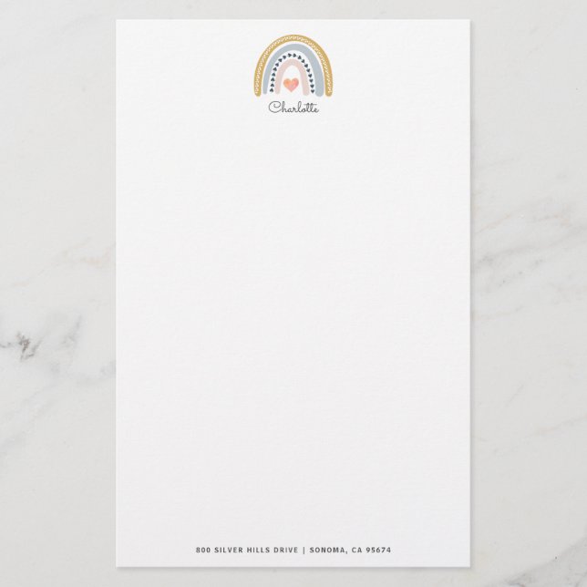Personlig Boho Rainbow Rosa Heart Barn Brevpapper (Framsida)