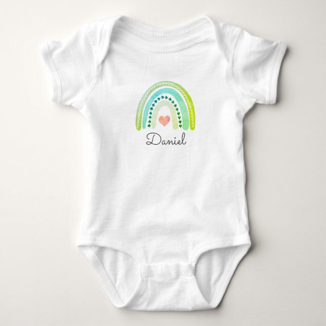 Personlig Boho Regnbåge Baby Namn Hjärtpastell T Shirt (Framsida)