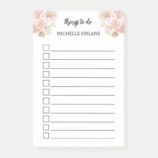 Personlig Boho Rosa Blommigt Post-it Block (Framsida)