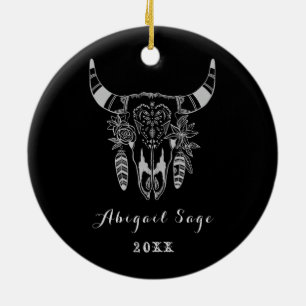 Personlig Boho Tribal Skull Black and White Julgransprydnad Keramik