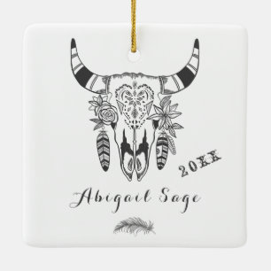 Personlig Boho Tribal Skull Grått och White Julgransprydnad Keramik