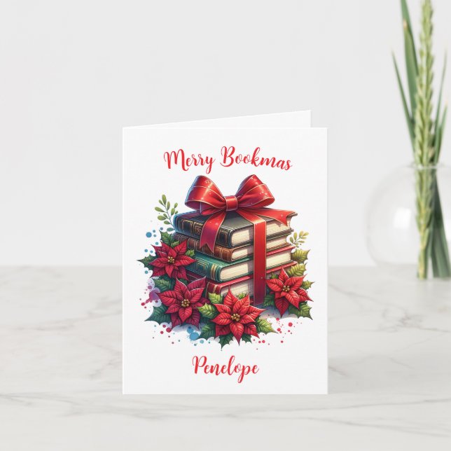Personlig Bokar och Poinsettias Merry Bookmas Kort (Framsida)