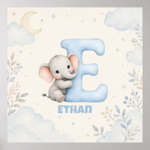 Personlig bokstav E Baby Elefant Namn Design Poster
