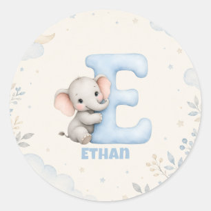 Personlig bokstav E Baby Elefant Namn Design Runt Klistermärke