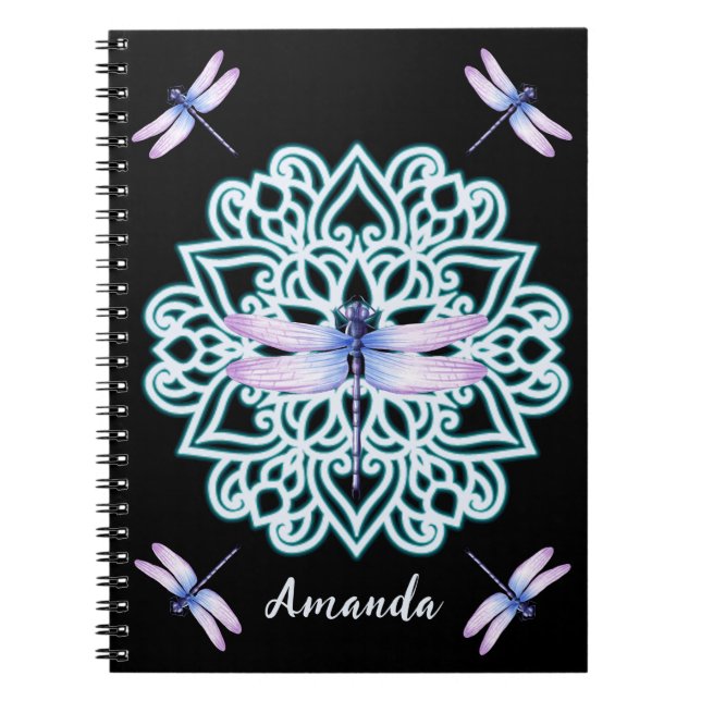 Personlig Bold Black WhimsicalDragonfly Mandala Anteckningsbok (Framsidan)