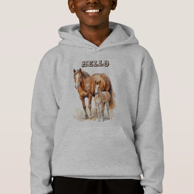 Personlig Boskap "Hej" Baby Horse Huva T Shirt (Framsida)