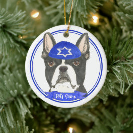 Personlig Boston Terrier Hanukkah Yarmulke Blue Julgransprydnad Keramik