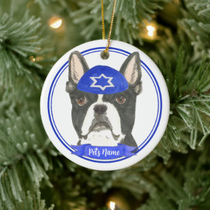 Personlig Boston Terrier Hanukkah Yarmulke Blue Julgransprydnad Keramik