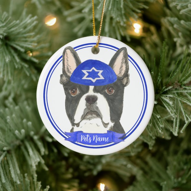 Personlig Boston Terrier Hanukkah Yarmulke Blue Julgransprydnad Keramik (Träd)