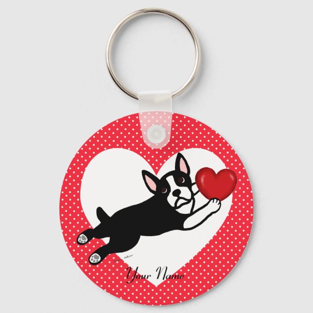 Personlig Boston Terrier och Heart Nyckelring (Framsida)