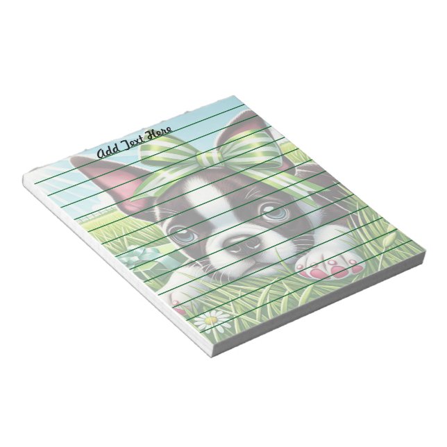 Personlig Boston Terrier Puppy med Grönt Bow Anteckningsblock (Vinklad)