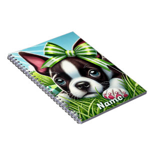 Personlig Boston Terrier Puppy med Grönt Bow Anteckningsbok