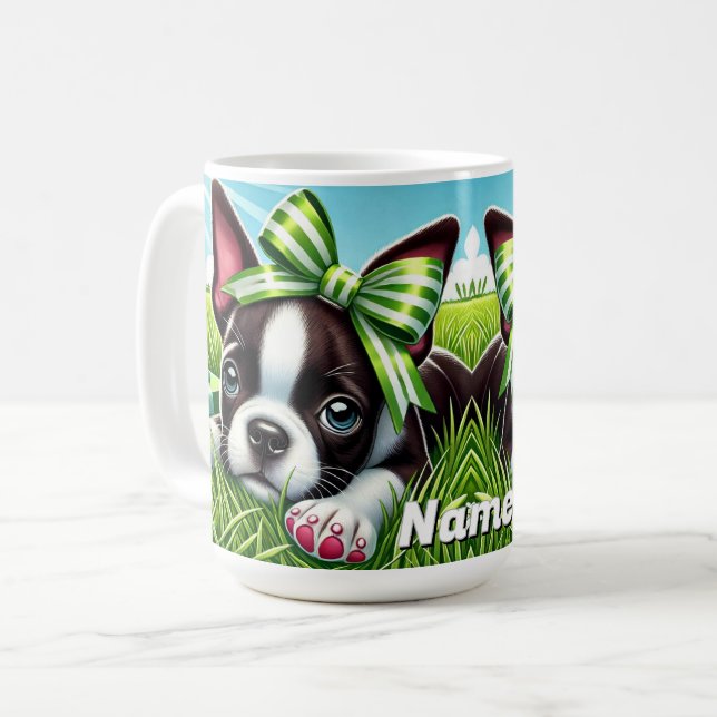 Personlig Boston Terrier Puppy med Grönt Bow Kaffemugg (Framsida vänster)