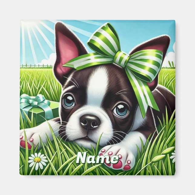 Personlig Boston Terrier Puppy med Grönt Bow Magnet (Framsidan)