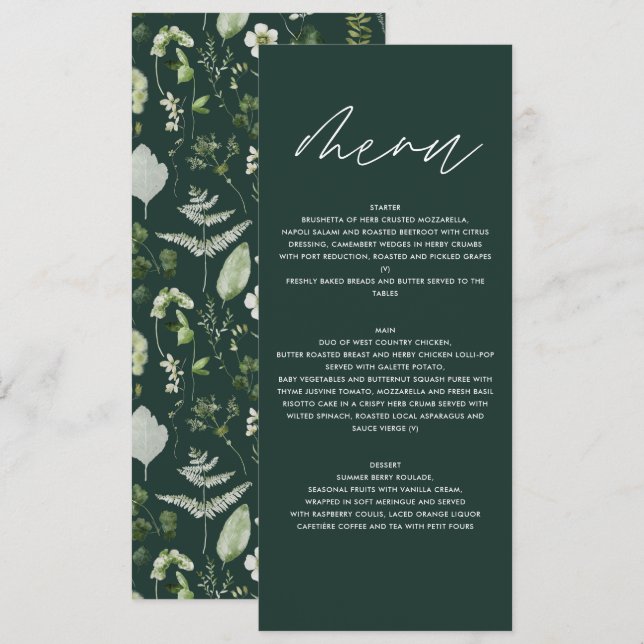 Personlig Botanisk Bröllop Elegant Grönska Meny (Fram/baksida)