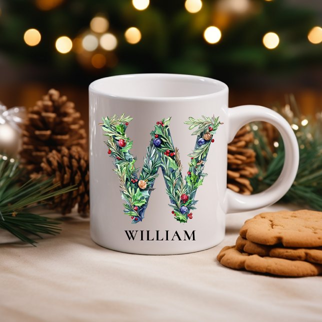 Personlig botanisk julmonogram bokstav W Kaffemugg (Personalized Botanical Christmas Monogram Letter W Coffee Mug)