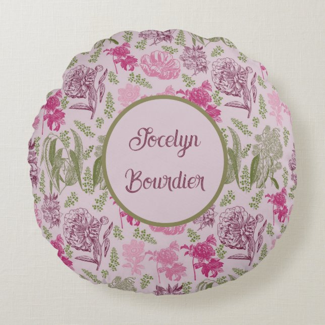 Personlig Botanisk Rosa Peony Eucalyptus Rund Kudde (Framsidan)