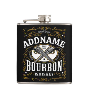 Personlig bourbon vintagevapen whisky etikett fickplunta