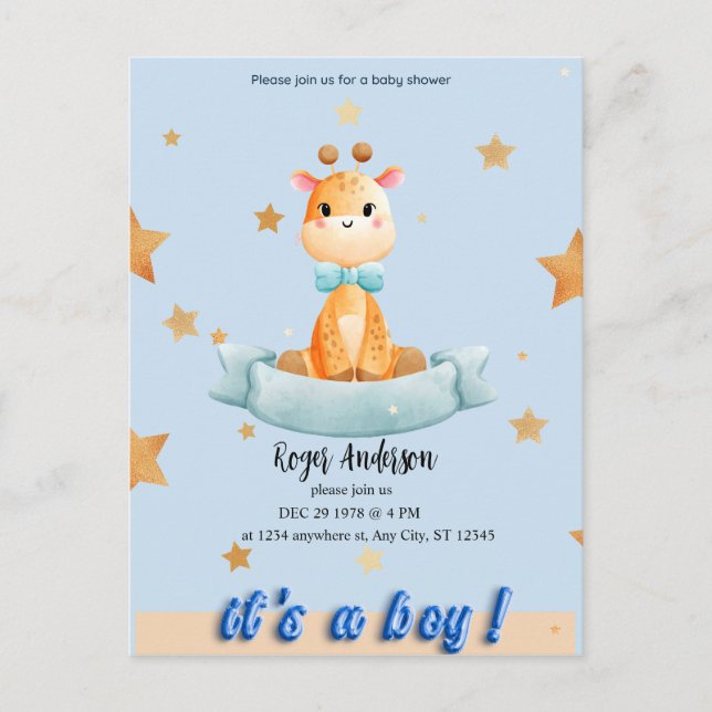 PERSONLIG BOY BABY SHOWER-INVIKTER MEDDELANDE VYKORT (Framsida)