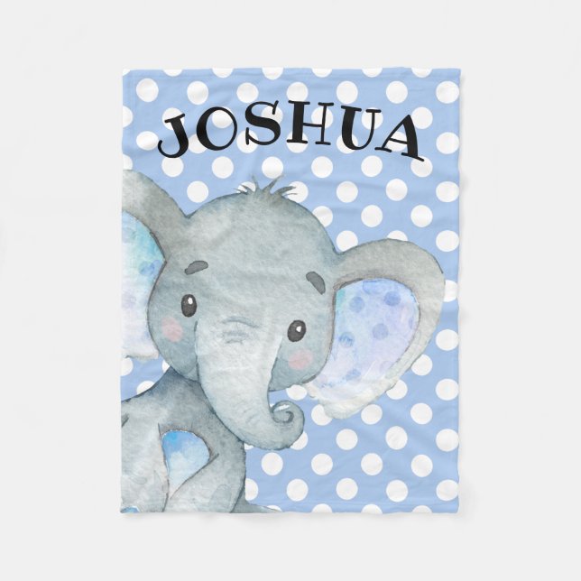 Personlig Boy Elephant Cute Blue Polka Dot Fleecefilt (Framsidan)