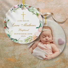 Personlig Boy Girl Baptism Photo Ro Blommigt Julgransprydnad Keramik