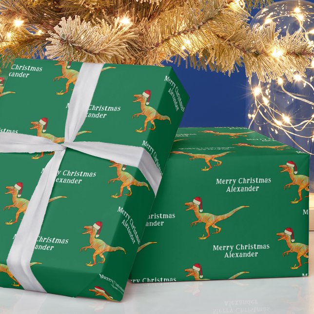 Personlig Boy Namn jul Dinosaur Raptor Presentpapper (Personalized boy name merry Christmas dinosaur green wrapping paper fun Velociraptor in a Santa Hat)