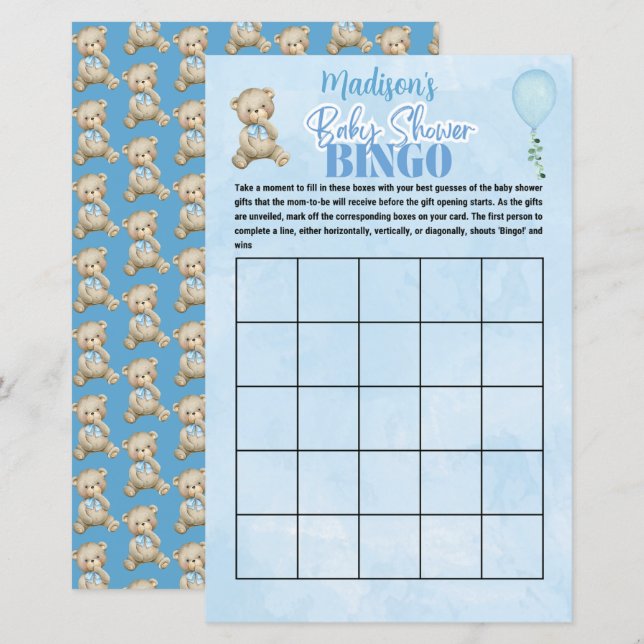 Personlig Boys Bear Bingo Baby Shower Game (Fram/baksida)