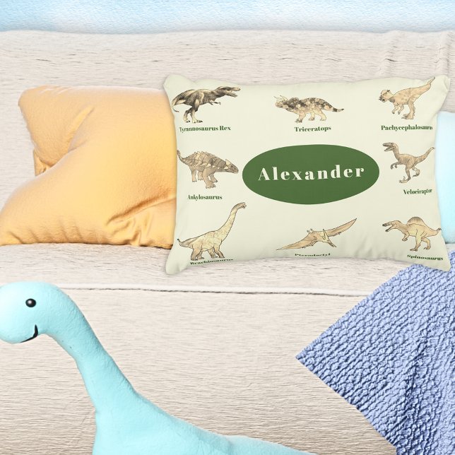 Personlig Boys Dinosaurs Prydnadskudde (Dinosaurs with names personalized pillow green and cream T-Rex velociraptor brontosaurus stegosaurus)