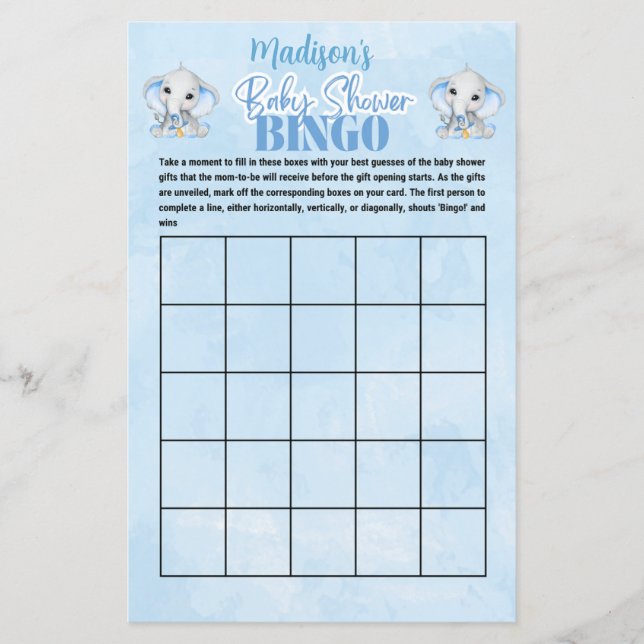 Personlig Boys Elephant Bingo Baby Shower Game (Framsida)