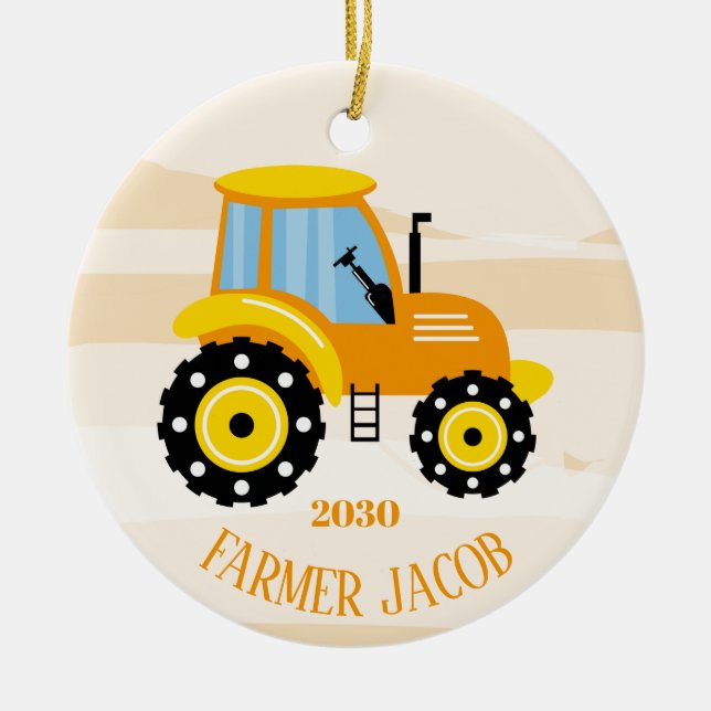 Personlig Boys Gult Tractor jul Julgransprydnad Keramik (Framsidan)