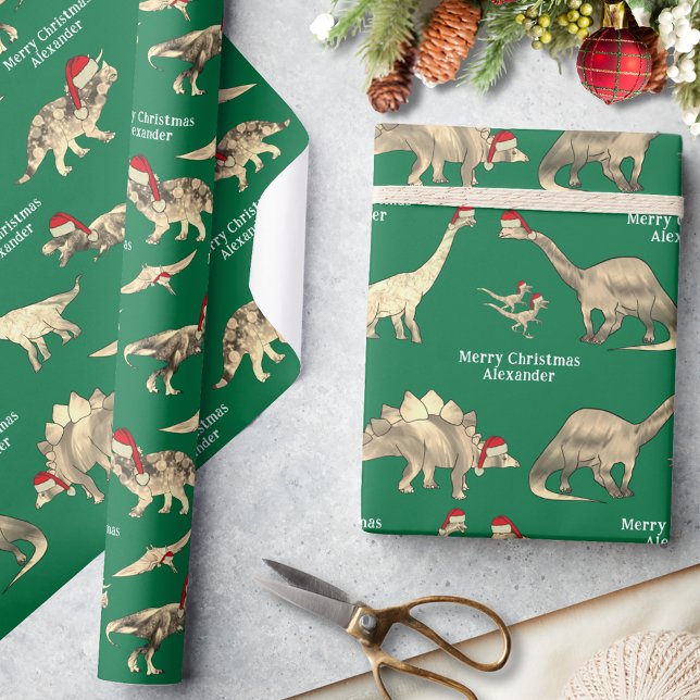 Personlig Boys Namn Dinosaur jul Presentpapper (Personalized boys name merry Christmas cute dinosaurs in Santa hats green wrapping paper)