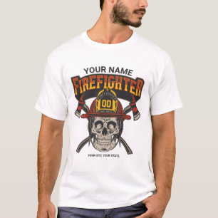 Personlig brandman skalle hjälm yxa brandman t shirt