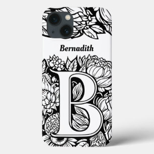 Personlig Brev B Black White Tattoo Flowers