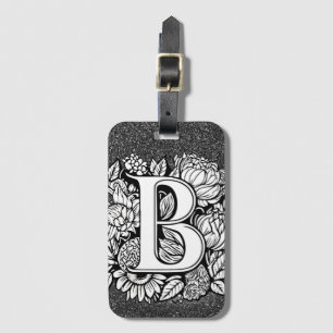 Personlig Brev B Glitter Flower Tattoos Bagagebricka